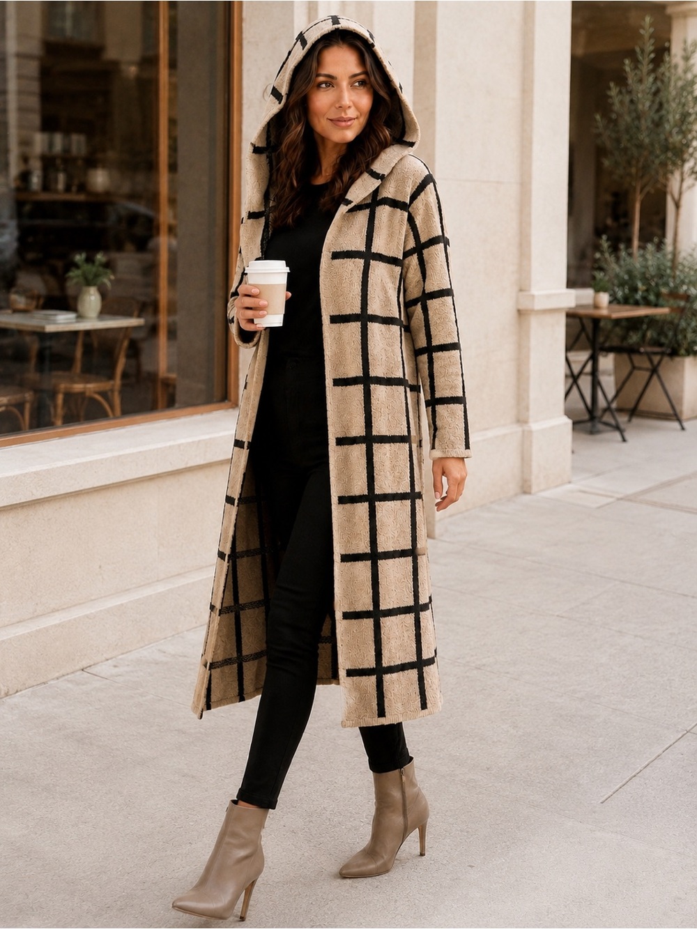 Long Hooded Grid-Pattern Cardigan - Camel/Black Size S - Picture 2 of 8